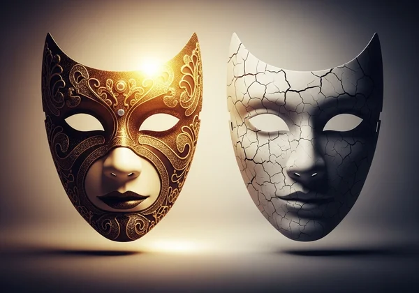 Dos máscaras que simbolizan el narcisismo grandioso y vulnerable.