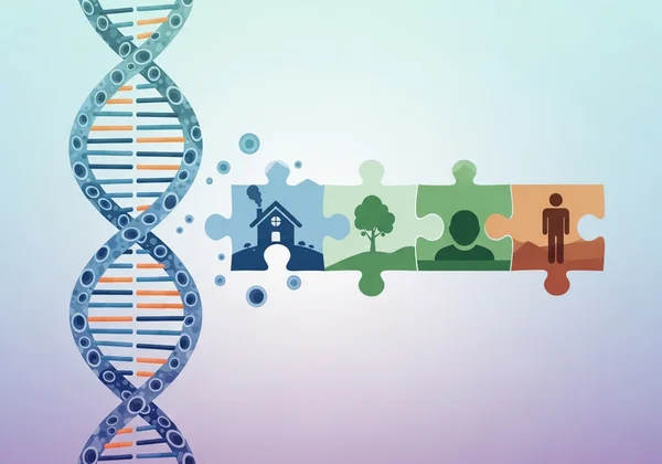 相互纏繞的DNA鏈與代表人格特質的拼圖塊