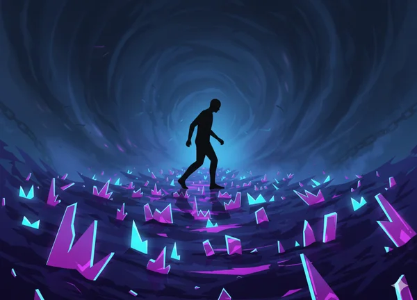 A conceptual vector illustration of a person anxiously walking over broken glass in a dark room.