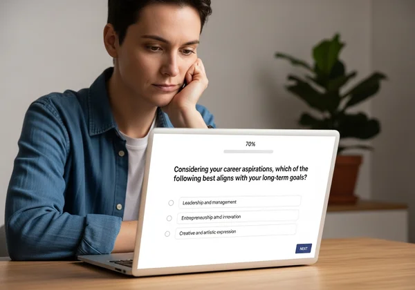 Person reflecting on a digital test for self-awareness.