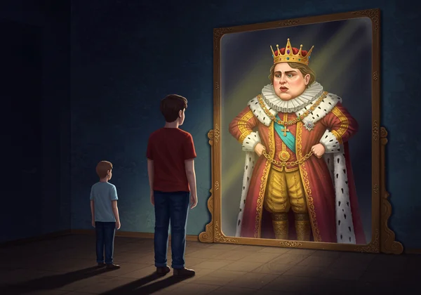 Person seeing a grandiose, kingly reflection in a mirror.